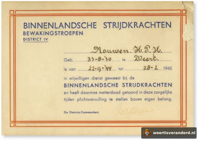 Oorkonde van de Binnenlandse Strijdkrachten voor Wiel Nouwen