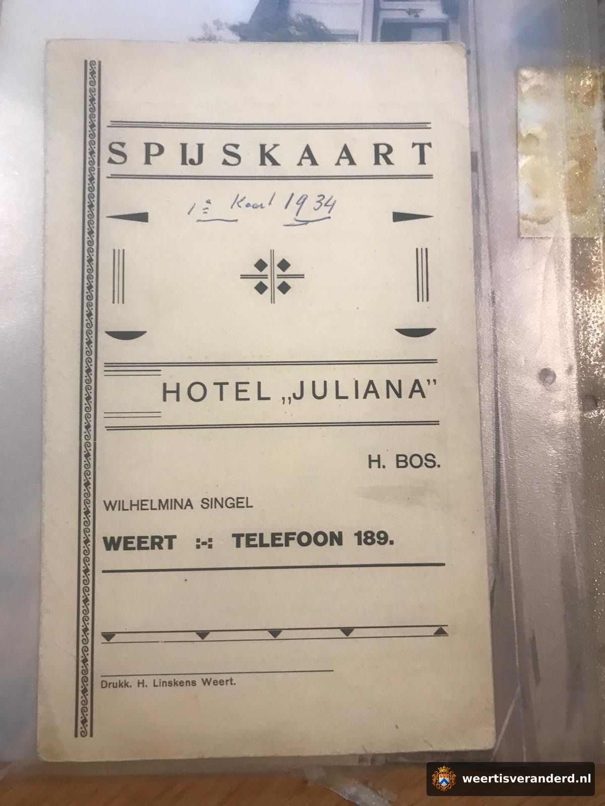 Omslag van de spijskaart van Hotel Juliana met het handgeschreven jaartal 1934, H. Bos en telefoonnummer 189
