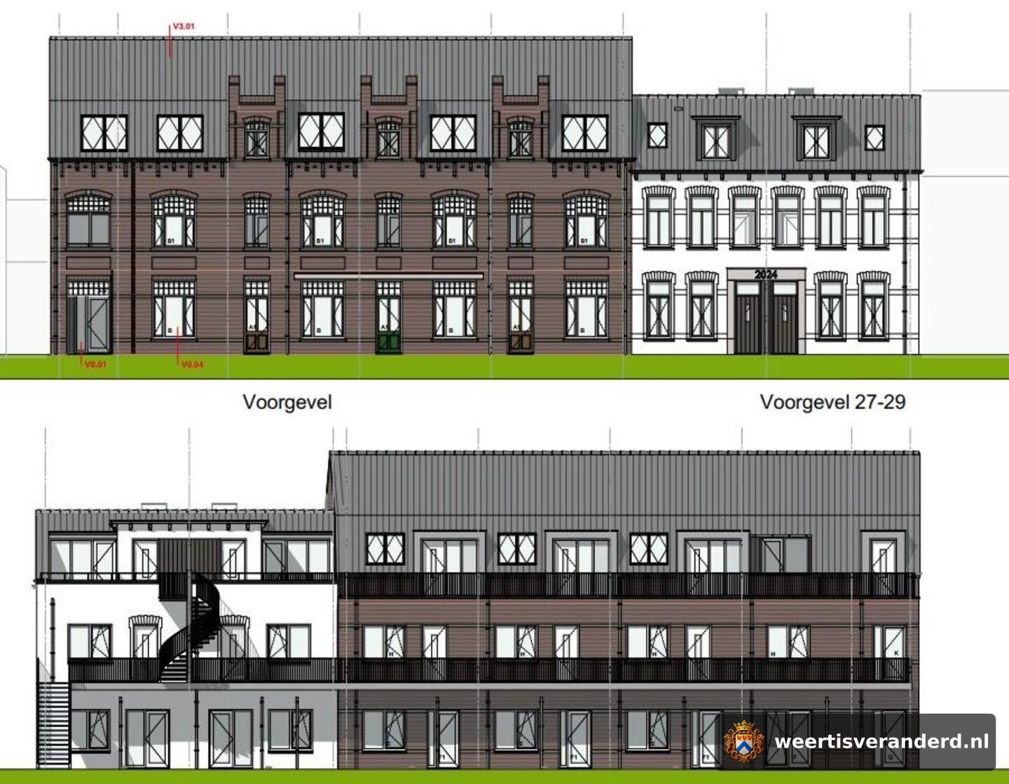 Bouwtekening van de voor- en achtergevel van de achttien appartementen