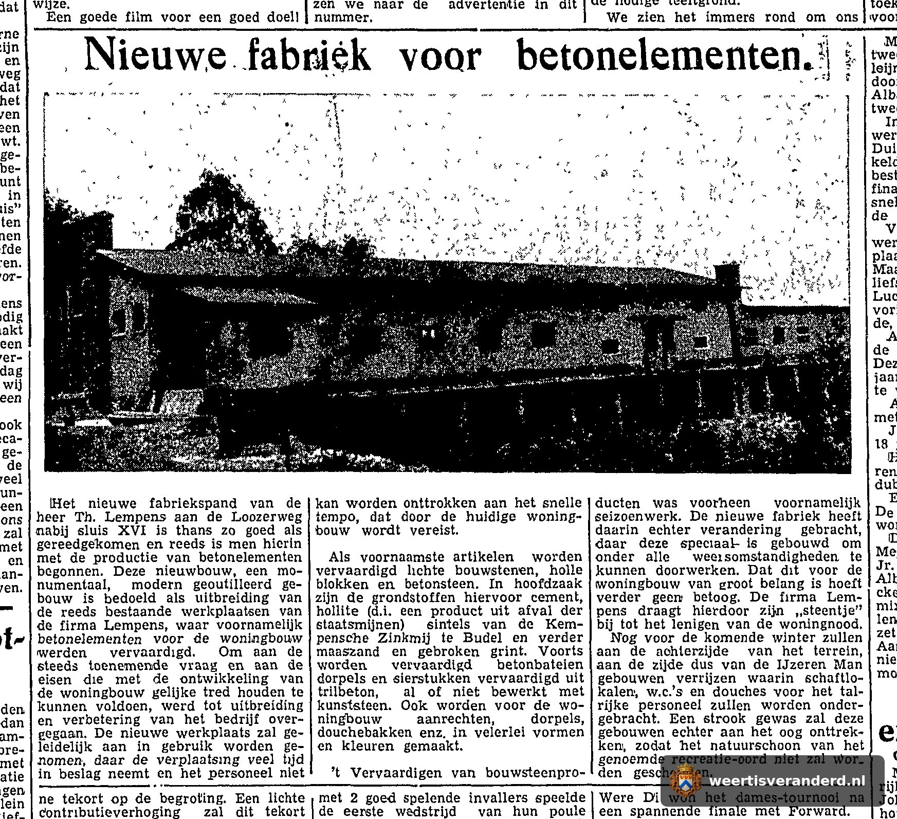 Krantenartikel over de nieuwe fabriek van Lempens