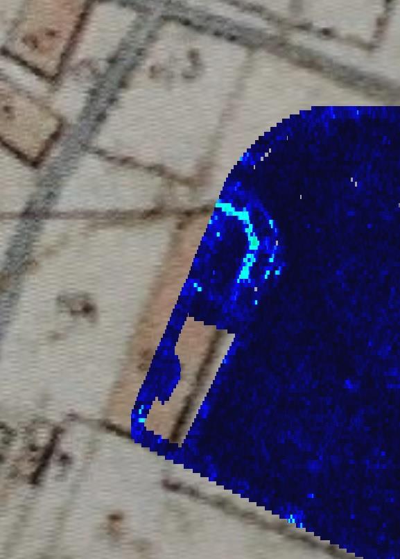 Radarprojectie op de kadastrale kaart van 1811 bij de verdwenen kloosterkerk Maria-Wijngaard