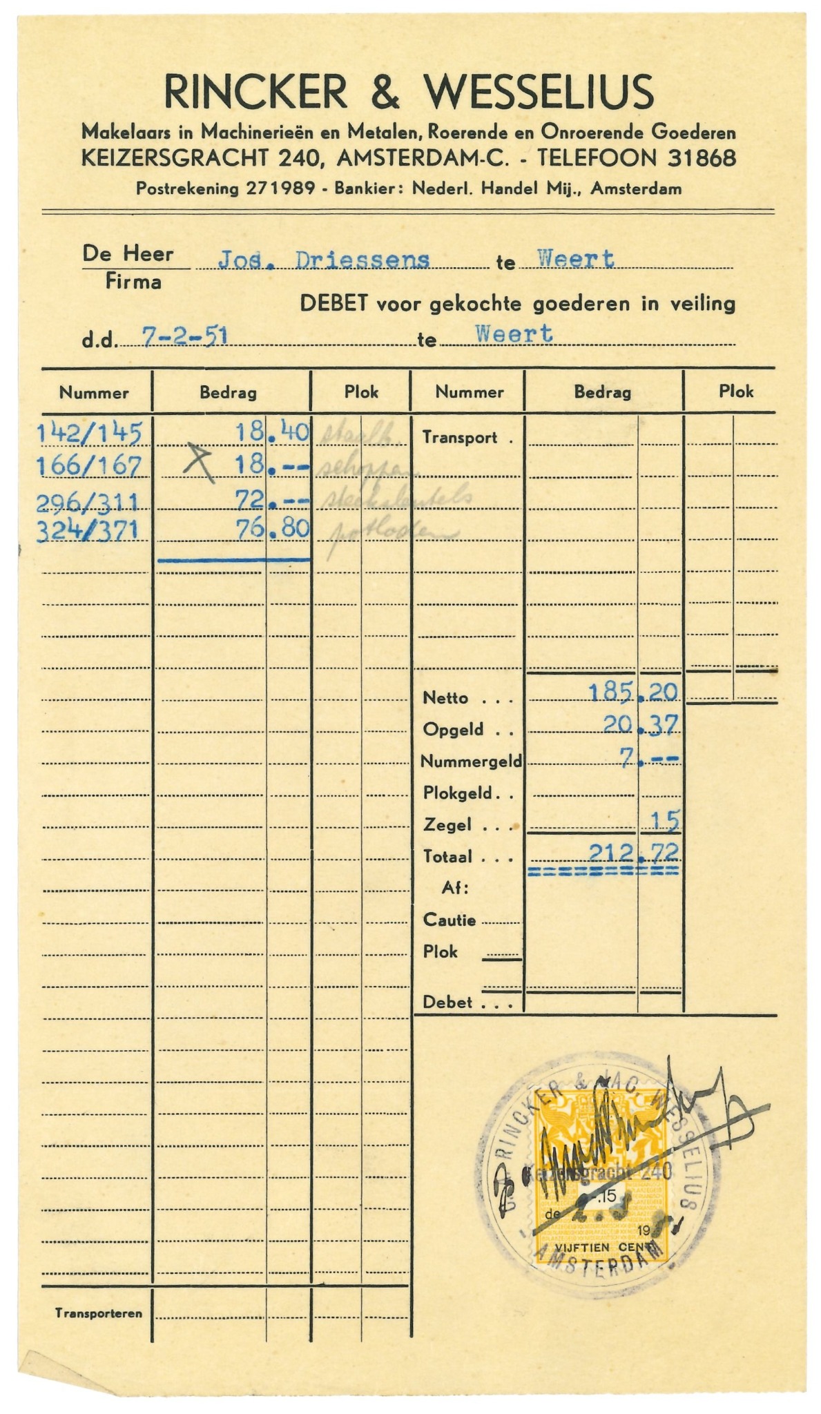 Afrekening van veilinghuis Rincker en Wesselius aan Jos Driessens uit 1951