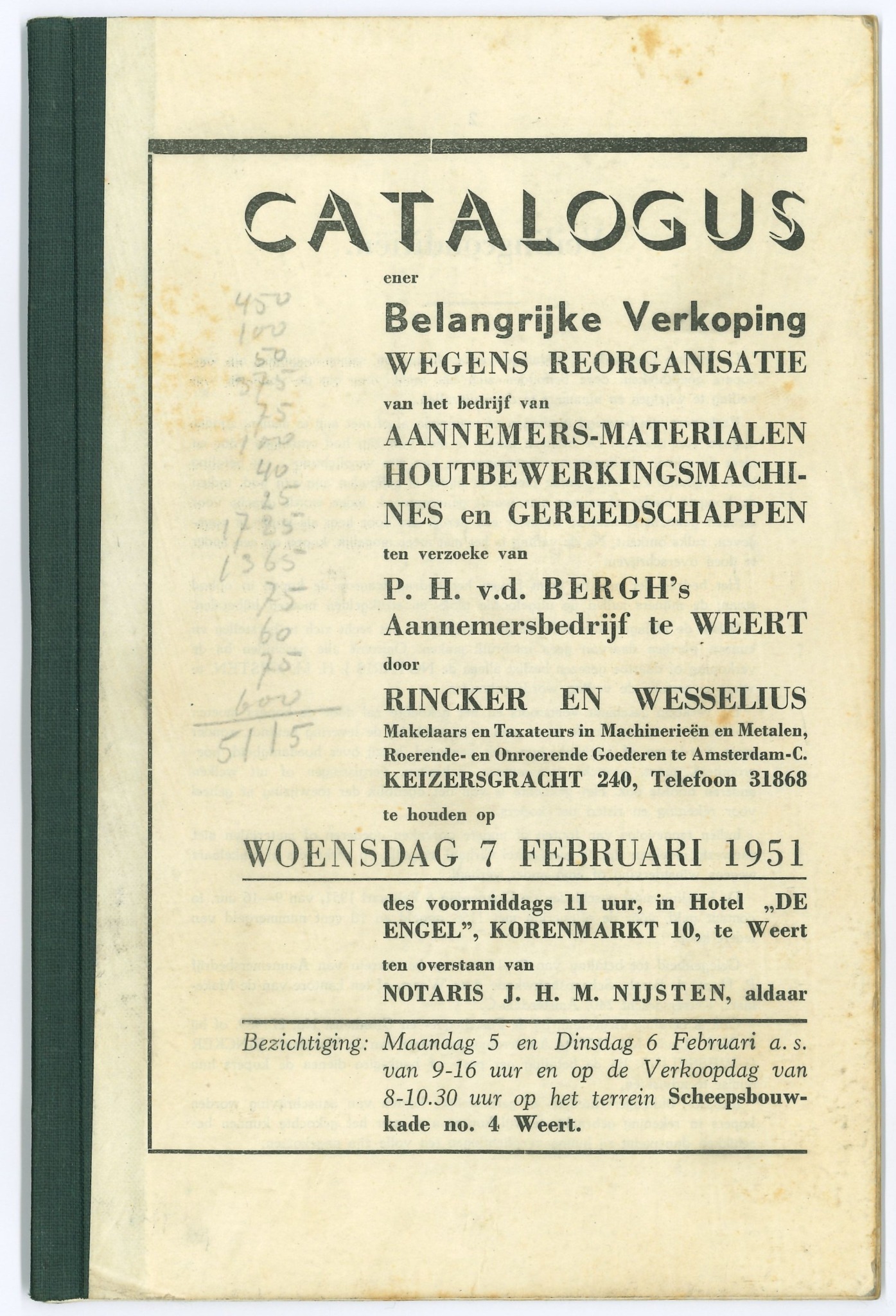 Veilingcatalogus van P.H. van den Bergh's aannemersbedrijf uit 1951