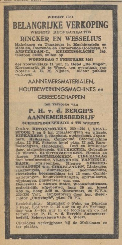 Advertentie voor de openbare verkoping van P.H. van den Bergh's aannemersbedrijf in 1951
