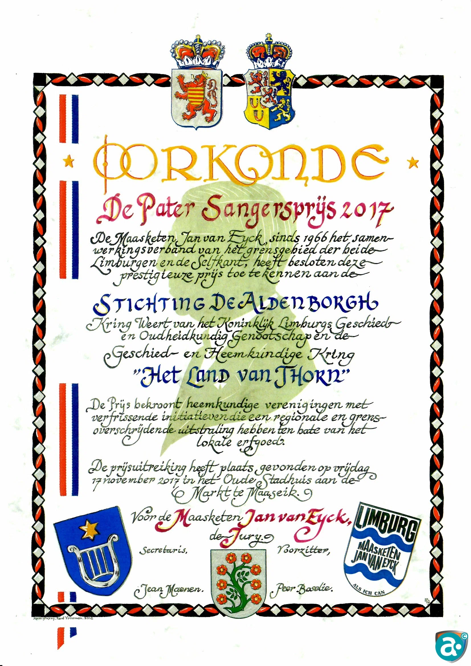 Oorkonde Pater Sangersprijs