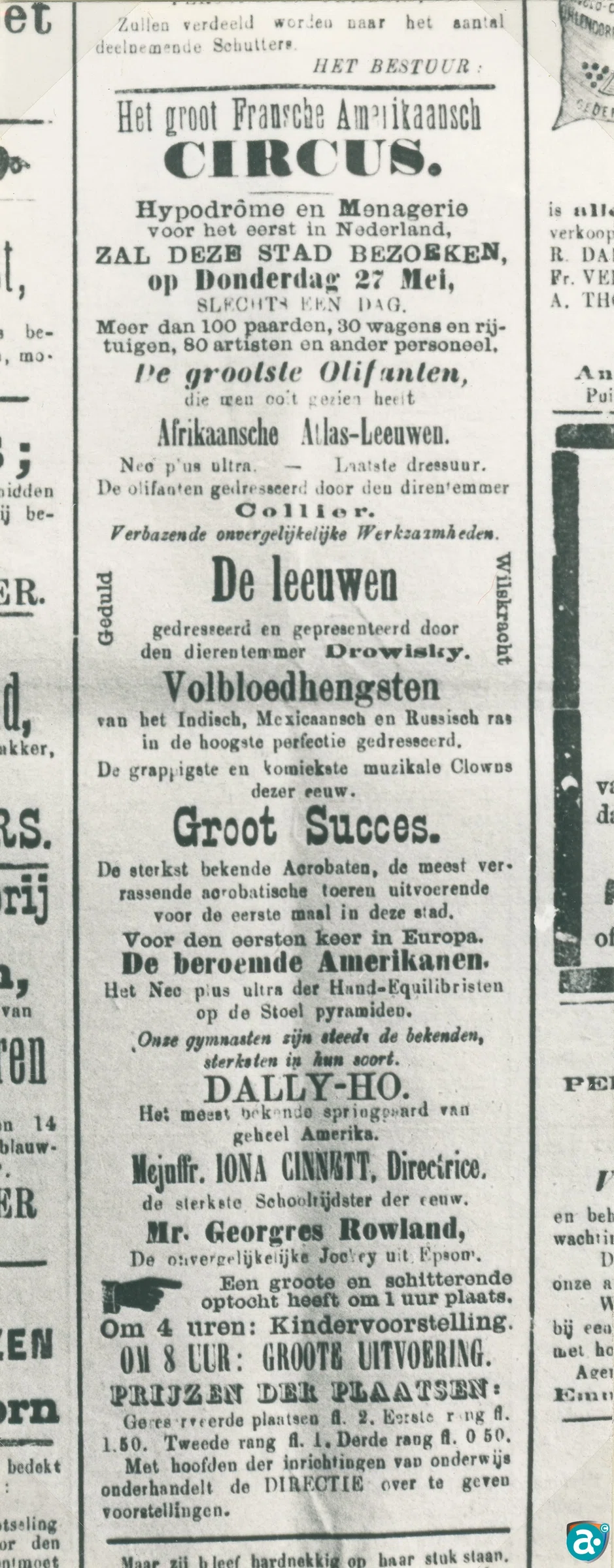 Aankondiging van de komst van het circus in weekblad 'Kanton Weert' 22 mei 1897