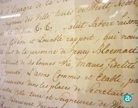 Gemeentearchief Weert,
Oud Administratief Archief, inv. nr. 5
Henri Bloemarts wordt op 20 juli 1792 door ‘Fits James Princesse de Chimay’ benoemd tot secretaris van Weert, verzekerd als zij is van zijn ’bonnes vie, moeurs, fidelité et capacité ( zijn onberispelijk leven, zeden, trouw en capaciteiten). Hij volgt daarmee zijn vader Martin Guillaume op. Op de volgende blad is vastgelegd dat de eed op 30 juli 1792 is afgelegd.