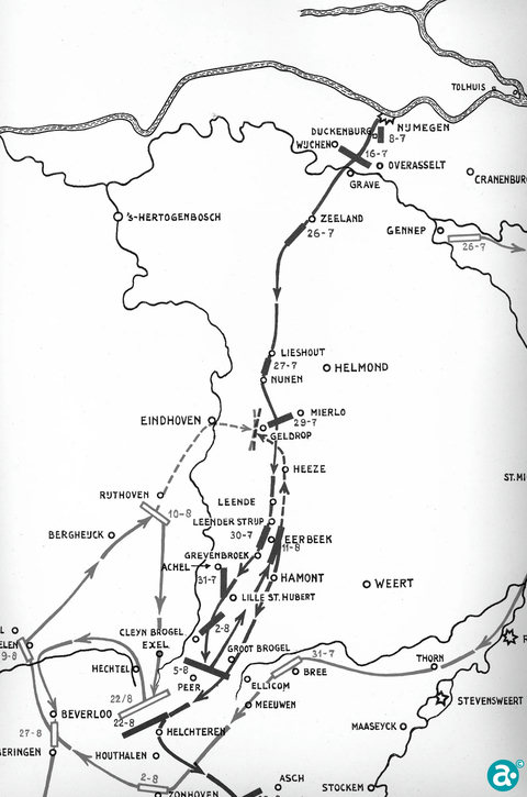 Kaart troepenbeweging 1702
omgeving Weert
Uit:J.W. Wijn, Het Staatse leger,
deel III Het tijdperk
van de Spaanse Successieoorlog
1702 -1715 ’s Gravenhage 1956,
band 1, schets/kaart nr. 3
operaties 1702