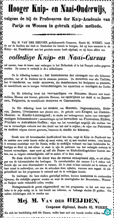 Advertentie Hooger Knip- en Naai- onderwijs
Kanton Weert 28 maart 1903