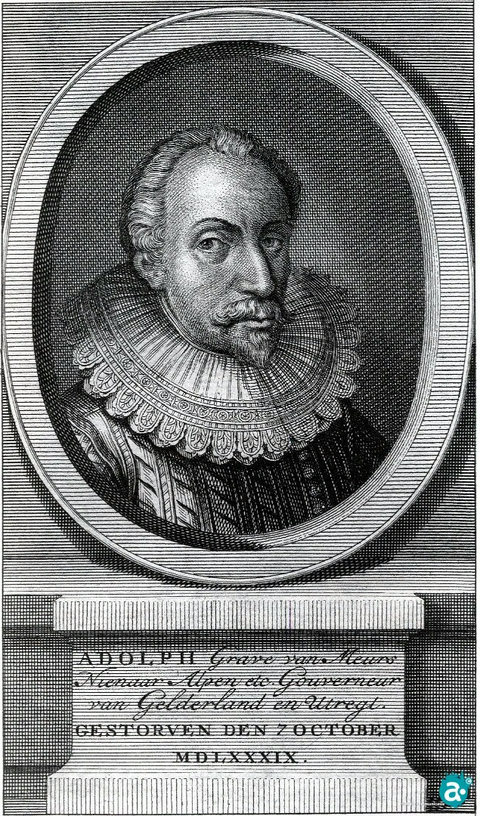 Alfons van Nieuwenaar graaf van Meurs Gravure, ets C.F. Fritsch (ongedateerd) Afkomstig uit 'Historie van de oorlogen en geschiedenis der Nederlanden' door Em. van Meteren. Amsterdam, 1785 Bron: Collectie Rijksbureau voor Kunsthistorische
Documentatie, Den Haag