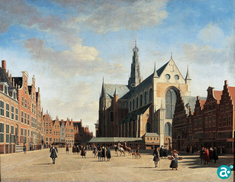 St.-Bavo of grote kerk Haarlem 17de eeuw, geschilderd door Berkheyde
afbeelding publiek domein