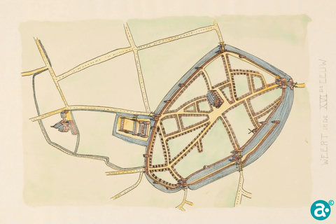 Weert in de 16de eeuw, met de gracht en de toegangspoorten,
links het kasteel Nieuwenborgh, geheel links het klooster Aldenborgh - GAW Beeldbank XL 961