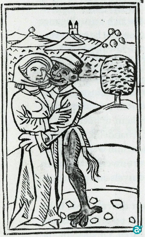 Een vrouw vrijt met de duivel Houtsnede uit: Ulricus Molitoris Reutlingen (D) 1489 Particulier bezit