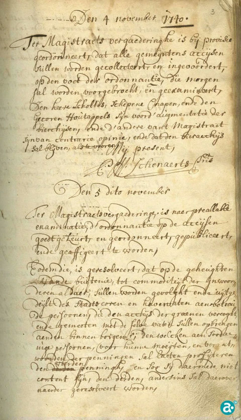 Ordonnantie accijnsheffing van 5 november 1740 in Burgemeestersrekening van 1740/1741