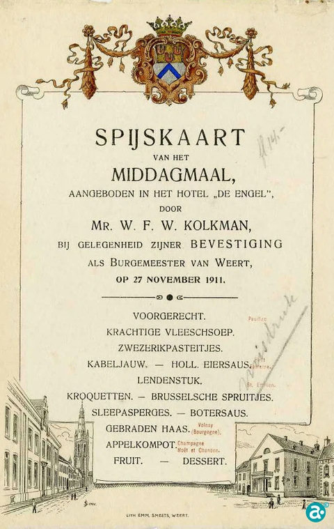 Spijskaart van het Middagmaal aangebonden in hotel 'De Engel' door mr. W.F.W Kolkman 27 november 1911 - GAW Collectie Smeets Drukkerijen