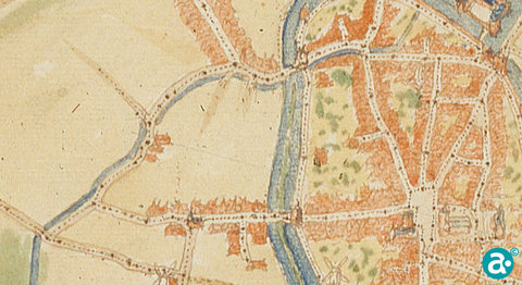 Fragment van de kaart van Jacob van Deventer Pentekening, gewassen en ingekleurd, ongedateerd (omstreeks 1570), waar het geschil betrekking op heeft Collectie RHCL KP 101