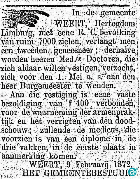 De oproep voor een tweede geneesheer
Kanton Weert 17 februari 1872