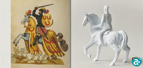 Rechts een voorstudie van het ruiterstandbeeld, links een gouache uit de 17de eeuw.